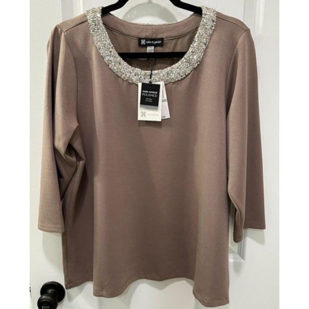 NWT Boat Neck Top  Taupe Gray Sequin Trim 3/4 Sleeve Women's Plus Size 1X